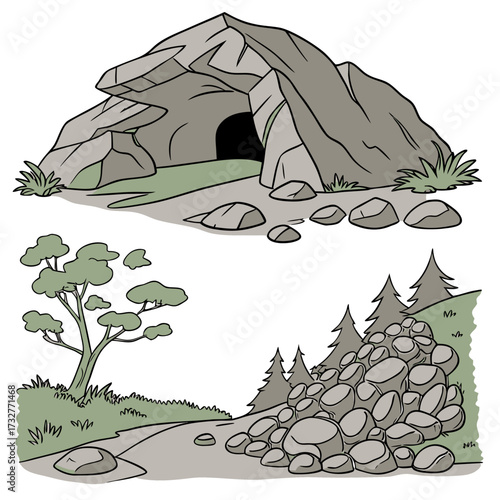 Cartoon grey stone and rock clipart, 3D boulders and pebbles, a pile of rubble and debris, isolated natural landscape elements, and mountain cliff and rocky terrain design. Vector set