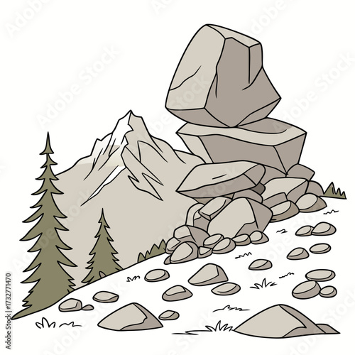 Cartoon grey stone and rock clipart, 3D boulders and pebbles, a pile of rubble and debris, isolated natural landscape elements, and mountain cliff and rocky terrain design. Vector set