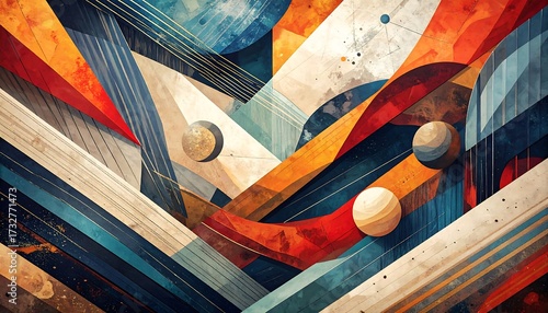 A dynamic abstract artwork showcasing intersecting shapes, vibrant colors, and sphere-like elements. It utilizes a watercolor-esque technique