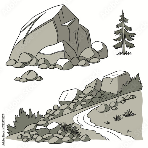 Cartoon grey stone and rock clipart, 3D boulders and pebbles, a pile of rubble and debris, isolated natural landscape elements, and mountain cliff and rocky terrain design. Vector set