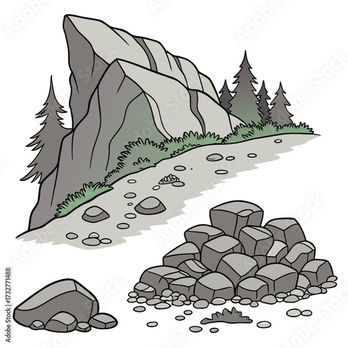 Cartoon grey stone and rock clipart, 3D boulders and pebbles, a pile of rubble and debris, isolated natural landscape elements, and mountain cliff and rocky terrain design. Vector set
