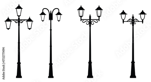 Collection of Decorative Street Lamp Silhouettes on a White Background for Design