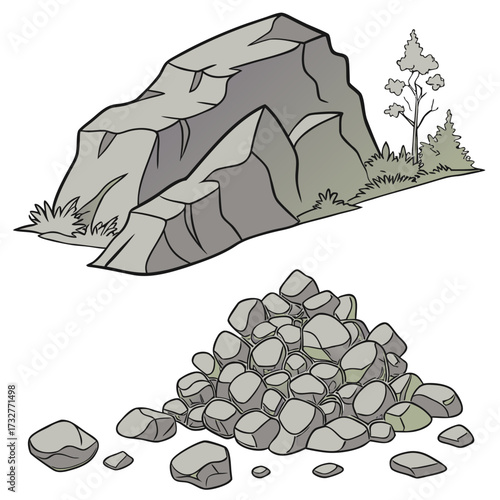Cartoon grey stone and rock clipart, 3D boulders and pebbles, a pile of rubble and debris, isolated natural landscape elements, and mountain cliff and rocky terrain design. Vector set