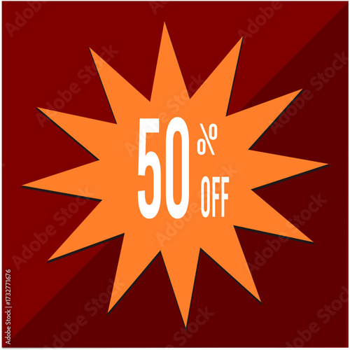 50 percent discount tag, two-tone red base, orange star with black eyeshadow and white letters inside the star.