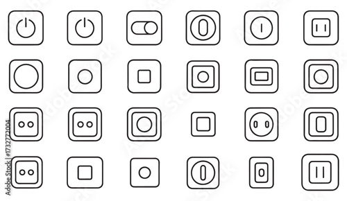 Flat outline pack of electric outlet and socket icons with power switches, plugs, and connectors for energy infrastructure