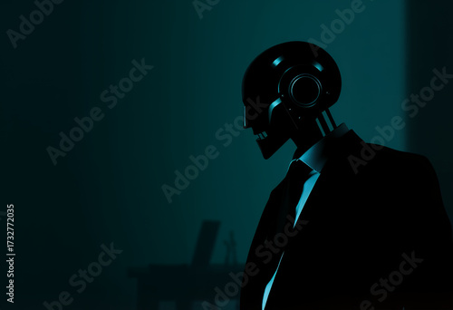 A futuristic android, its metallic form clad in a sharp suit, contemplates in a moody, teal environment