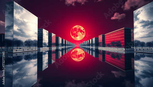 A stunning visual of a modern cityscape with reflection, featuring mirrored buildings and a vibrant red sky with a full moon reflected in the water