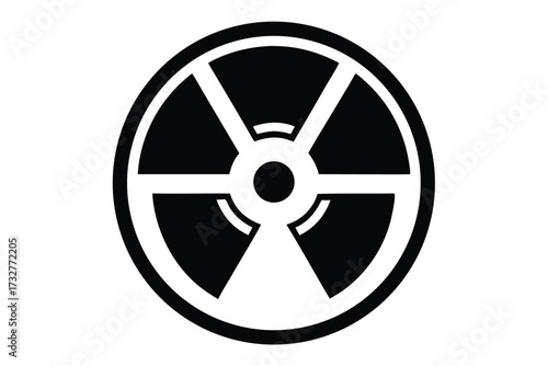 A stylized radiation symbol with three equal wedges and a center dot shows danger