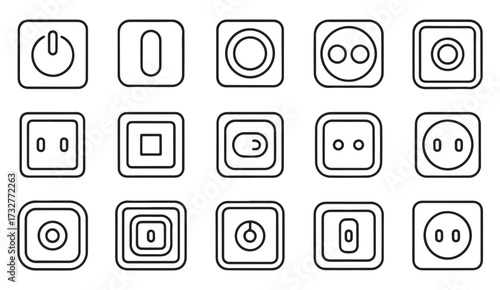 Vector linear set of electrical socket icons with outlets, plugs, connectors, and power switches for utilities and electronics