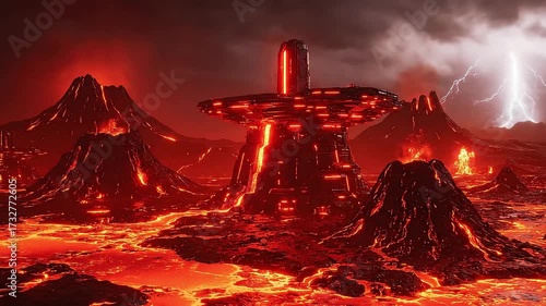 Futuristic alien structure erupts amidst volcanic hellscape with molten lava flows and lightning strikes