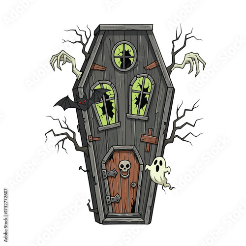 Coffin shaped haunted house with ghost and bat, isolated on white background