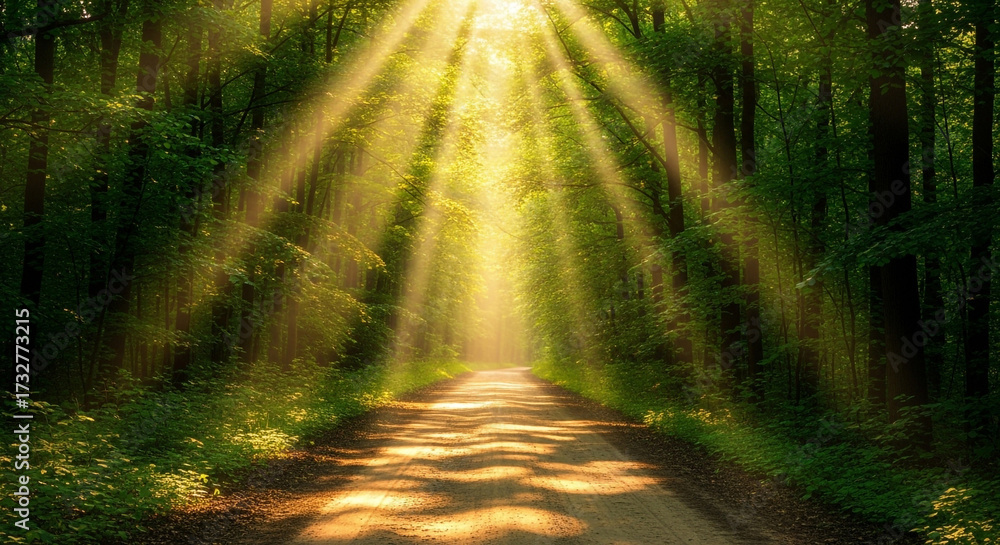 Fototapeta premium Golden sunlight streams through lush green forest trees, creating a stunning, ethereal woodland scene perfect for nature lovers and outdoor enthusiasts