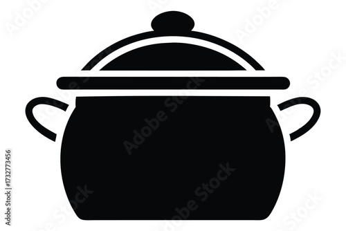 Solid black kitchen pot with a lid on top sits against a white background