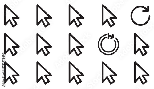 Collection of line style web navigation icons showing pointers, reload loops, spinners, and process indicators for digital use