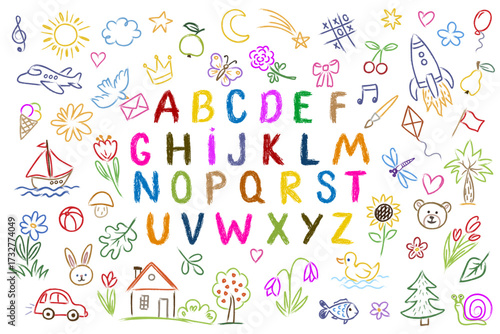 Set of decorative letters of the English alphabet and children's doodle drawings. Children's drawings with chalk or colored pencils on a chalkboard or asphalt. Vector all objects are isolated