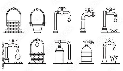 Collection of line style water resource icons showing faucets, wells, filters, and containers for sustainability and hygiene concepts