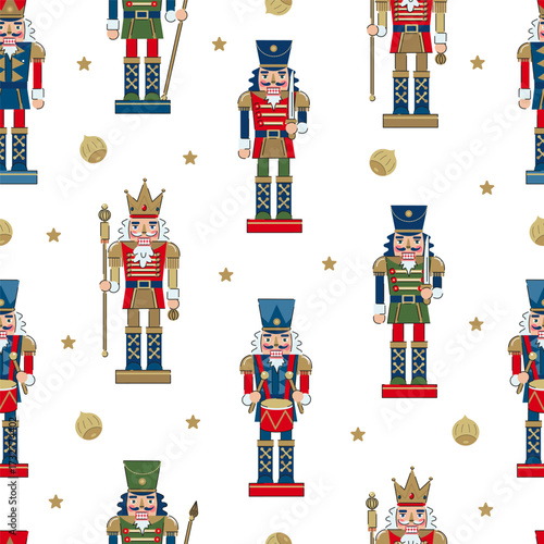Nutcracker pattern with stars and nuts on white background. Festive Christmas wallpaper.