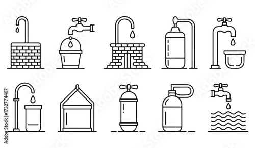 Outline vector icons of water wells, taps, pumps, bottles, and filtration systems representing plumbing and clean water supply
