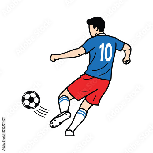Athletic soccer player in blue jersey number ten and red shorts kicking ball isolated on white background