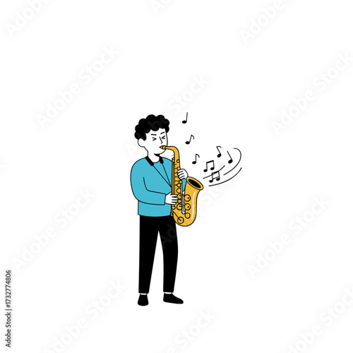 Young boy playing saxophone cartoon style illustration isolated on white background