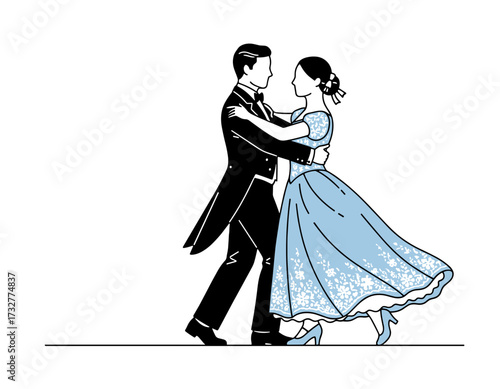 Elegant Couple Dancing Waltz Together Romantic Ballroom Scene Isolated on White Background