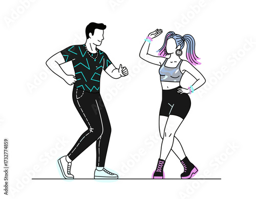Young energetic couple dancing together in a playful modern style cartoon illustration isolated on white background