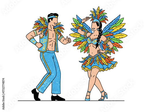 Couple dancing in colorful carnival costumes isolated on white background celebration party