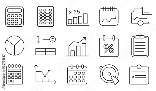 Vector outline set of statistical icons showing charts, graphs, percentages, and management symbols for financial planning