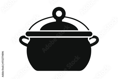 Silhouette shows a covered pot with rounded handles and a circular knob