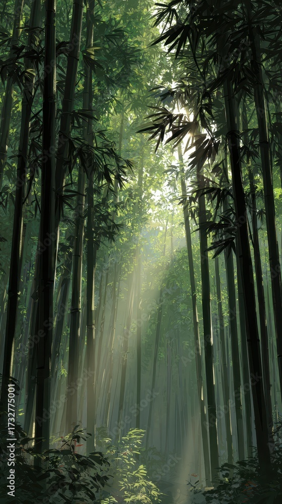 Obraz premium Serene Bamboo Forest Path, Soft Light Misty Atmosphere.