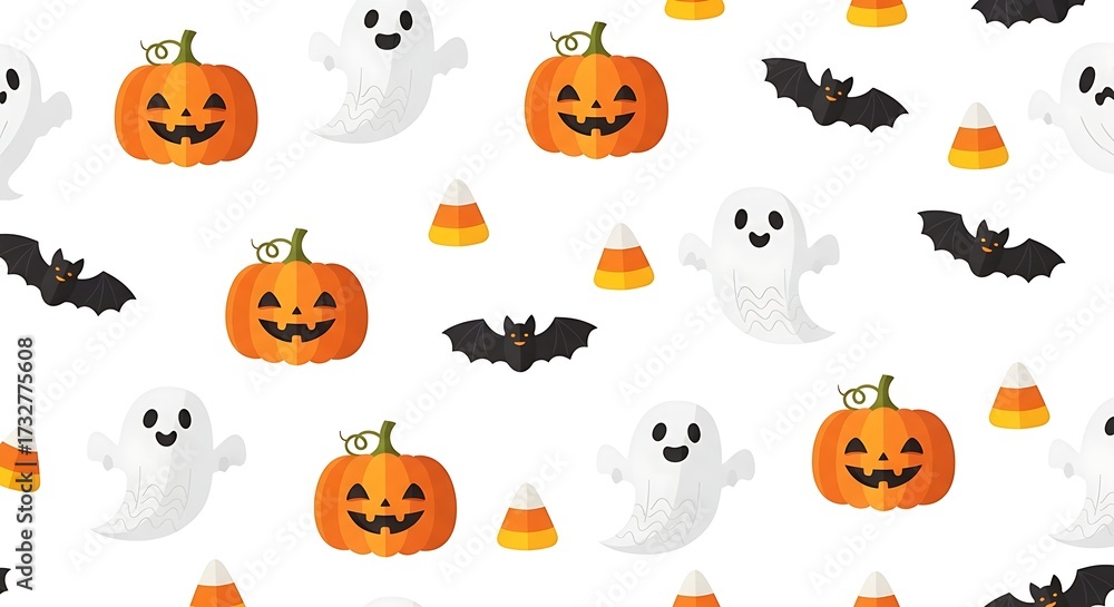 Naklejka premium Seamless Halloween Pattern with Cute Pumpkins, Ghosts, Bats, and Candy Corn