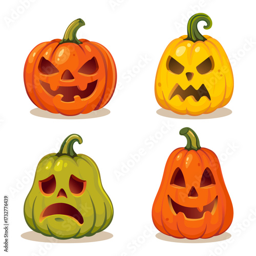 Halloween pumpkin set with carved faces. Vector illustration of spooky, funny, scary jack o lanterns in orange, yellow and green colors. Cartoon holiday clipart collection.