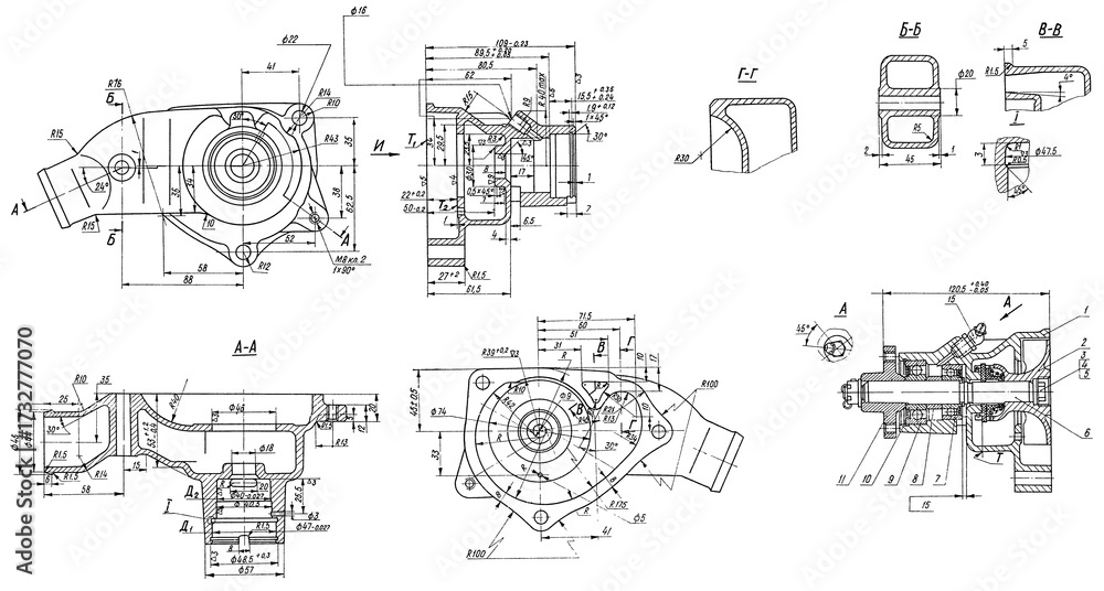 Obraz premium Cooling water pump of truck and its housing. Engineering assembly mechanical drawing of automotive device on paper sheet. Industrial cad scheme. Technology design of machine building industry.