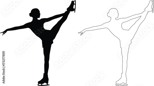 Figure skater performing a graceful dance move in silhouette isolated on white background