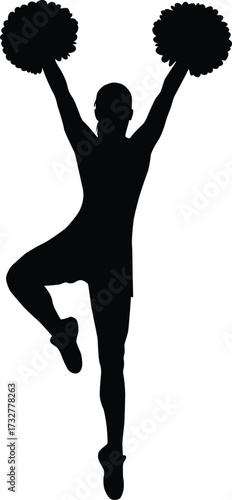 Dynamic silhouette of a cheerleader performing a high jump with pom poms raised high isolated on white background