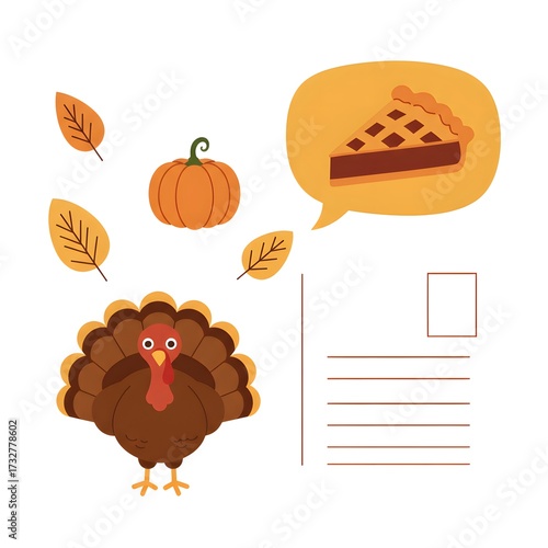Cartoon turkey with pumpkin and pie graphic in autumn colors  