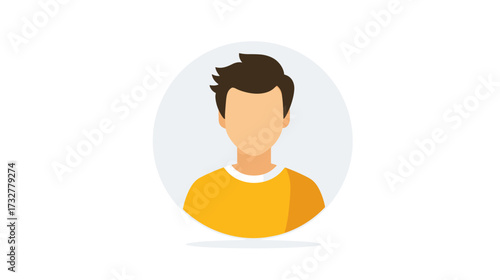 Faceless digital portrait of a man with brown hair in a yellow shirt against a gray circle on a black background. Minimalist style.