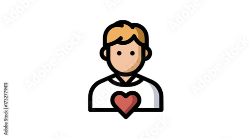 Illustration of a person with blond hair wearing a white shirt with a heart symbol, expressing love or affection in a simple, bold design.