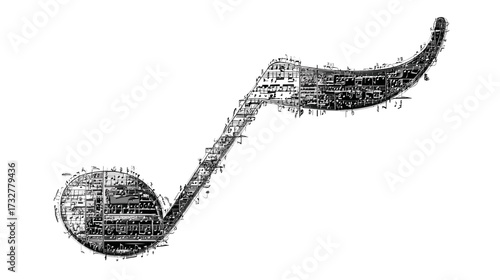 Digital musical note in grayscale against a black backdrop, a fusion of music and technology in a visually striking design.