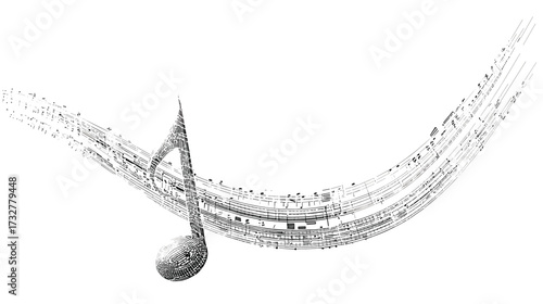 An abstract, heavily textured depiction of a musical note, suggesting sound or art, set against a black background, conveying creativity.