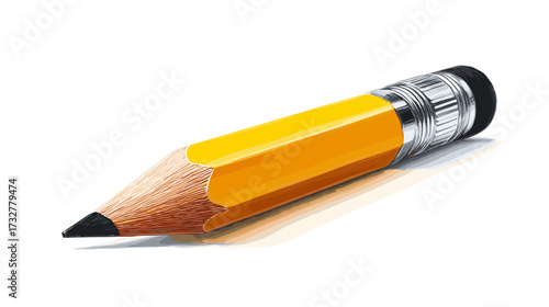 Vibrant yellow pencil with a sharpened graphite tip and a silver-tone eraser holder, casting a soft shadow against a stark black background.