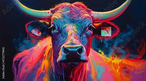 Cow neon oil paintings thick brushstrokes
