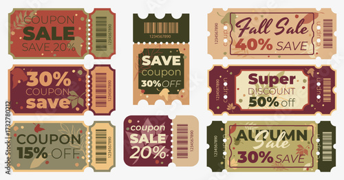 A set of coupons for discounts and sales in autumn season.