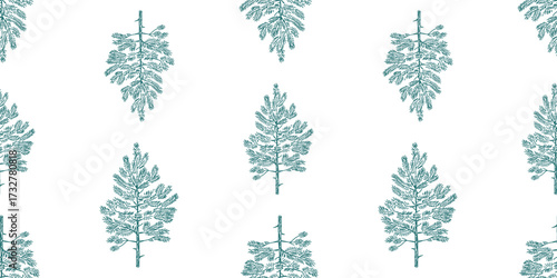 Green little Christmas trees silhouettes sketches, seamless pattern, vector hand drawn background, paper, wallpaper, wrapper, print