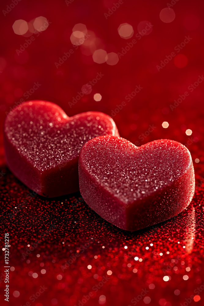Obraz premium Two red hearts on a red glittery background