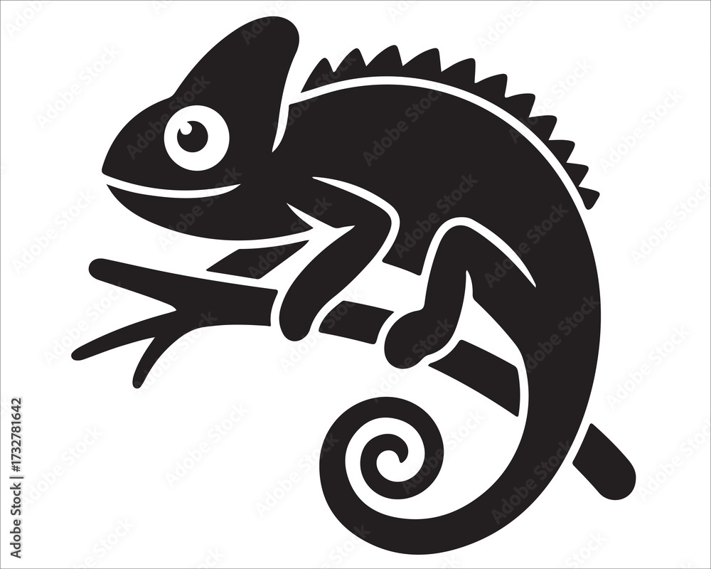 Obraz premium Chameleon silhouette vector illustration perched on branch with curled tail design