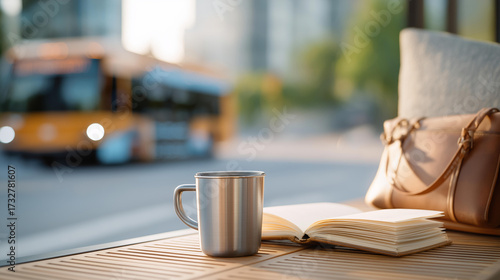 Fototapeta Naklejka Na Ścianę i Meble -  A small business owner managing a family legacy takes a coffee break on city streets sipping from a metal thermos its cap dented on a wooden bench its grain worn. A leather