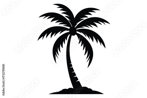 Silhouette of a single palm tree with its fronds and a curved trunk