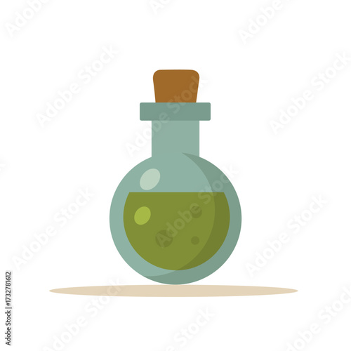 Glass potion bottle round shape with green liquid and brown cork flat cartoon isolated on white background