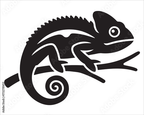 Chameleon silhouette vector illustration perched on branch with curled tail, exotic reptile design template for wildlife, zoo, jungle, nature, tropical animals, camouflage, and environmental concept